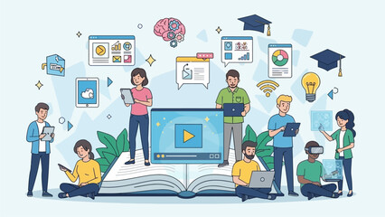 People learning together around a large digital screen displaying a video, surrounded by educational icons and plants.