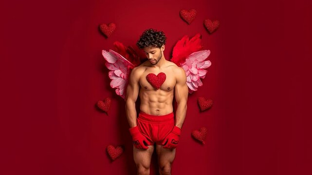 A handsome Cupid god with heart-shaped tattoos on his body, spreading wings of love against a red background &mdash; ready for an epic Valentine&rsquo;s Day party