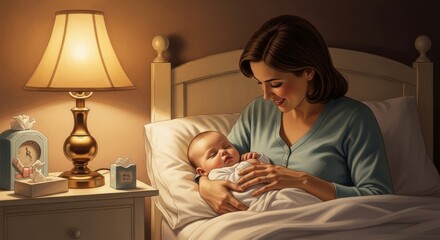 A mother in casual pajamas cradles her sleeping baby in bed next to a bedside table with a lamp.
