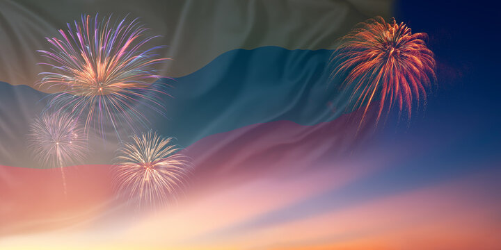 Waving National flags of Lithuania In sky with fireworks and text - Powered by Adobe