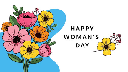 A vibrant bouquet of colorful flowers with the text "Happy Woman's Day" on a white background with a blue abstract shape.