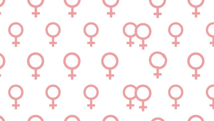 A seamless pattern of pink Venus symbols on a white background, representing femininity and gender.