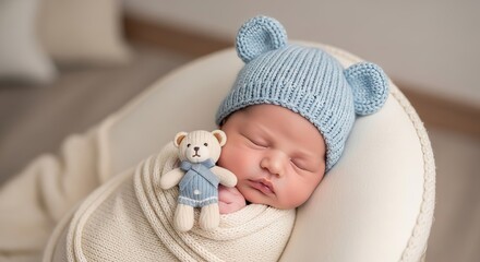 Newborn baby boy sleeping soundly in a knitted bear hat with a toy, indoors