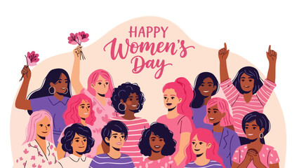 A diverse group of women of various ethnicities and ages celebrating International Women's Day with flowers and raised fists.
