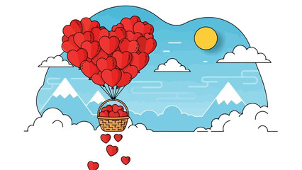 Heart shaped balloons carrying a basket over mountains and clouds in the sky