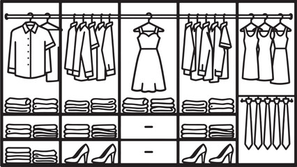 A detailed illustration of an organized wardrobe, showcasing a variety of garments. From dresses to shirts and ties, meticulously arranged within drawers and shelving units.