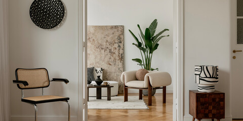 Elegant home interior with a blend of contemporary and natural materials. Warm neutrals, textured textiles, and sculptural decor.