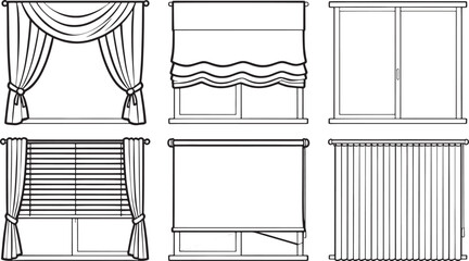 Variety of window treatments, each meticulously rendered in crisp lines, presenting a comprehensive study of window decor options. From elegant curtains to practical blinds.