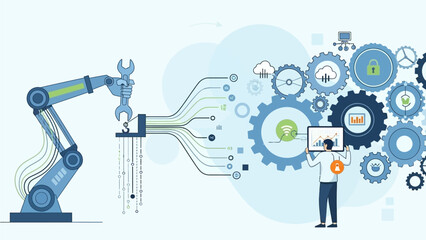 Industrial robot arm assembling parts in a futuristic factory setting with a technician overseeing the process