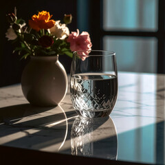 still life with flowers and glass of water