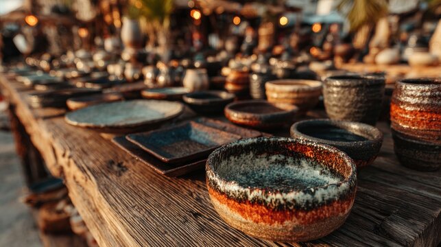 Handmade Clay Bowls on Wooden Table. - Powered by Adobe