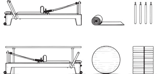 Detailed monochrome line drawings showcase exercise equipment used in pilates: reformer machine, yoga mat, Pilates equipment, balance board, and other accessories. 