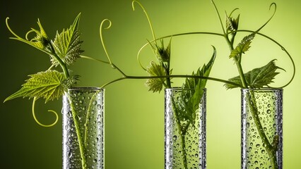 Delicate green plants growing in transparent glass test tubes