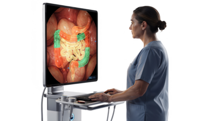 Sideview of an endoscopist analyzing AIassisted triage monitor with detailed gastric imagery and colorcoded risk zones presented on white background.