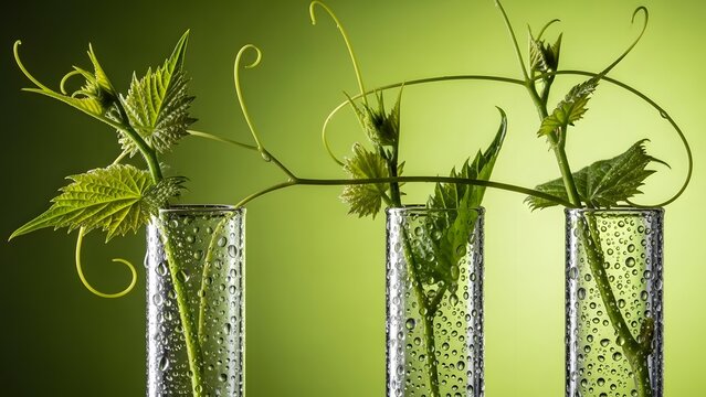 Delicate green plants growing in transparent glass test tubes - Powered by Adobe
