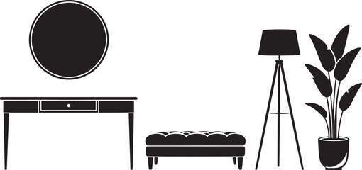 A minimalist interior design sketch, displaying essential furniture and decorative elements. 