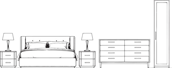 An elegant bedroom suite illustrated with a detailed arrangement of furniture, showcasing a harmonious blend of style and function. 