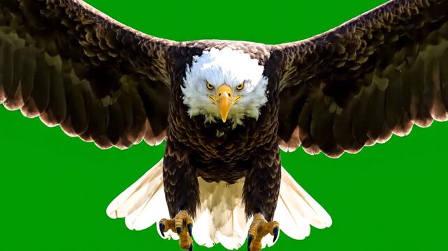 A majestic bald eagle in flight, soaring through the air with wings outstretched, showcasing its sharp talons and feathers.