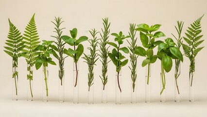 A variety of fresh green herbs and ferns in glass tubes