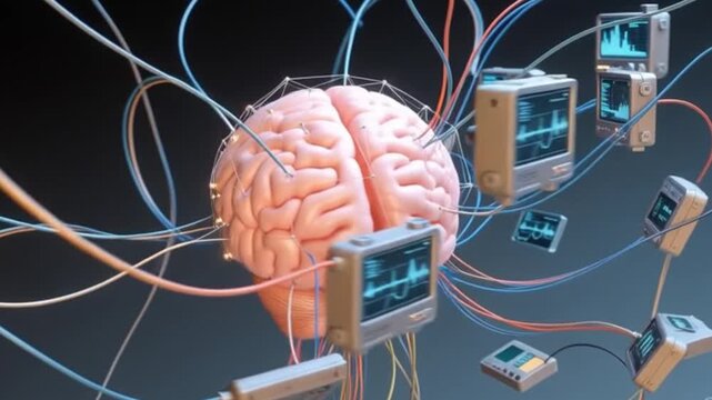 A conceptual 3D rendering of a human brain connected by numerous wires to small floating digital screens displaying analytical data.