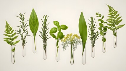 A collection of fresh green herbs and ferns in glass test tubes