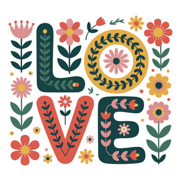 A decorative to vector folk art-style minimalist illustration of the word "LOVE" composed of stylized letters decorated with floral patterns. 