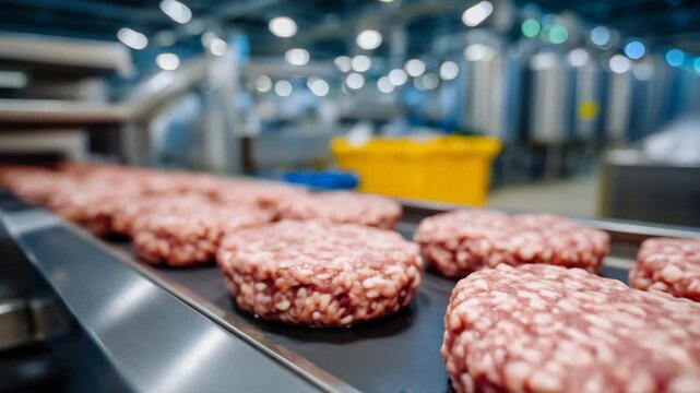 165Vivid close-up of glistening pink meat cylinders aligned on a conveyor belt, showing moisture, texture, and sheen, with a blurred background of stainless tanks and controlled facto