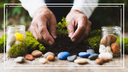 Hands Planting a Small Tree Sapling in Soil with Moss and Colorful Stones