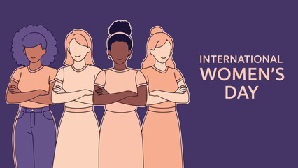 Diverse group of women standing together with arms crossed, celebrating International Women's Day with text.