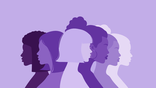 Diverse group of women in profile, depicted in shades of purple, symbolizing unity and strength.