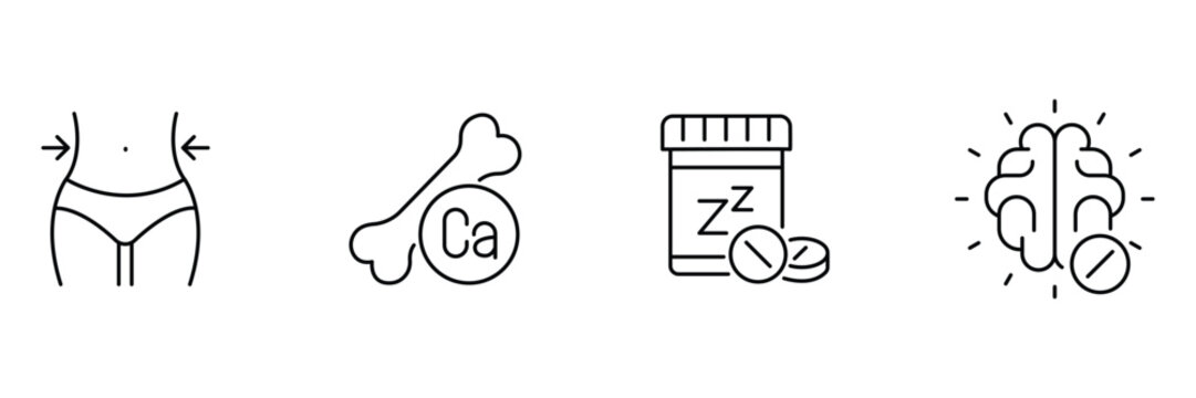 Health supplements icon set, slim waist, calcium bone pill, sleep aid tablet, brain boost pill illustration.