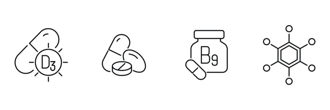 Supplements vitamin icon set, d3 capsule sun, mixed pills tablets, folate b9 bottle, chemical molecule structure illustration.