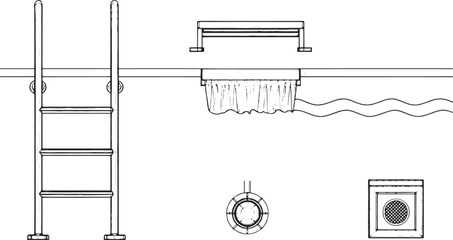 An overhead schematic illustration reveals swimming pool's essential fixtures and structures, a detailed view of the water's edge showing essential components.