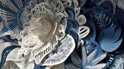 Intricate paper floral design showcases artistry and craftsmanship in blue and white