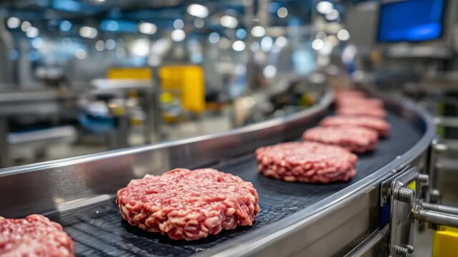 164Vivid close-up of glistening pink meat cylinders aligned on a conveyor belt, showing moisture, texture, and sheen, with a blurred background of stainless tanks and controlled facto