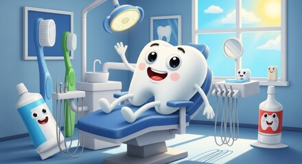 Animated tooth character in a dental chair waves in cartoon dental office.