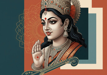 Portrait of Goddess Saraswati with veena and intricate jewelry Hindu deity