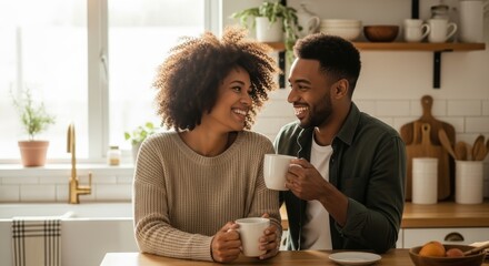 Black couple smiling and drinking coffee at kitchen island