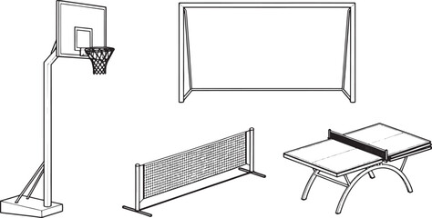 Sporting equipment, a basketball hoop, soccer goal, table tennis table, and tennis net.