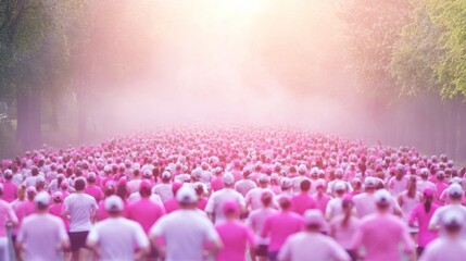 Large group runners pink shirts outdoor event