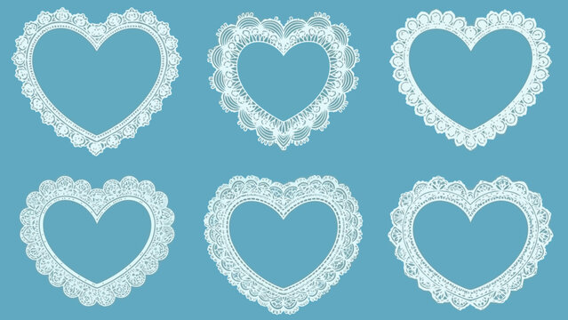 Six delicate white lace heart-shaped frames with intricate floral patterns on a solid blue background.
