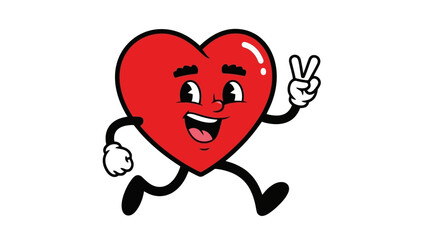 A cartoon heart character with arms and legs is joyfully running and making a peace sign with its hand.