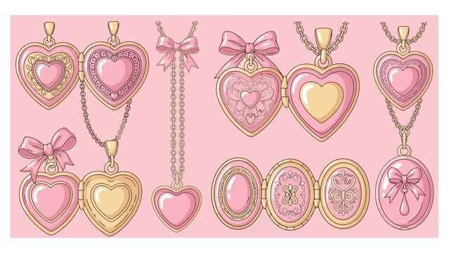 Collection of ornate heart-shaped lockets and pendants adorned with bows and intricate details, presented on a soft pink background.