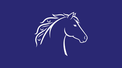 Elegant White Horse Head Outline in Profile View on Dark Blue Background, Stylized Equestrian Animal Graphic