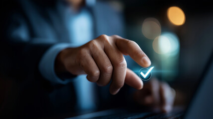 Faceless businessman touching digital checkmark icon on virtual screen for document verification task approval process data validation in online workflow and digital