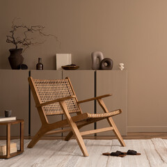 Creative composition of living room interior with copy space, rattan armchair, brown plaid,...