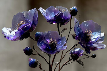 Purple flowers made of glass placed on a surface in a well-lit room during daytime