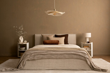 Warm minimalist bedroom interior with layered bedding, neutral fabrics, and subtle decorative...