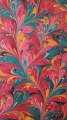 Colorful marbled design with swirling patterns in shades of red, teal, orange, and yellow showcasing artistic craftsmanship