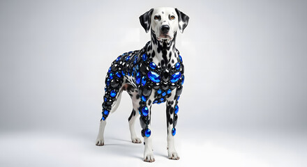 Dalmatian dog standing adorned with large black and blue sapphir